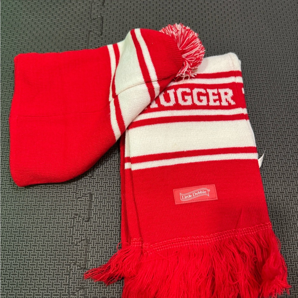 Red and White Fringed Scarf and bonnet